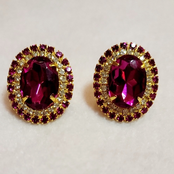 Estate Jewelry - Fuchsia Pink & Gold Sparkly Earrings - Vintage - Pierced